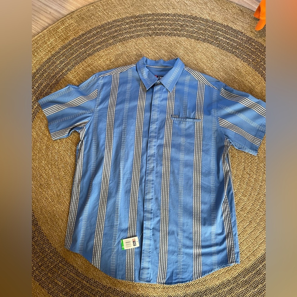 NWT Chaps blue short-sleeve button-down shirt vertical stripes & chest pocket. - Picture 10 of 11